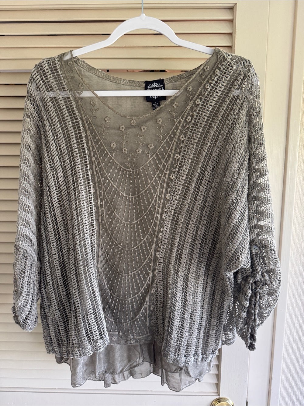 Le Marais Boho Lace Knit Cardigan Sweater with sequins- sage taupe size small